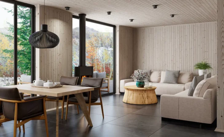 Carrelage grand format au sol d'un salon