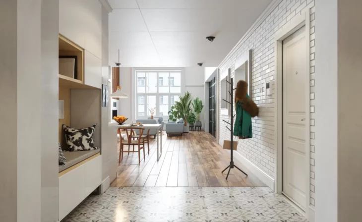 Carrelage imitation carreaux de ciment et parquet dans un appartement