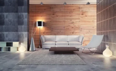 Différents types de carrelage au mur et au sol d'un salon