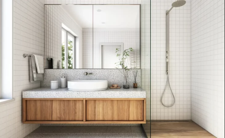 Douche à l'italienne et meuble vasque dans une salle de bain après rénovation