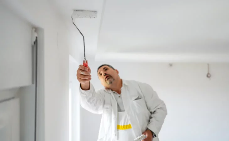 Finitions d'une peinture de plafond avec une patte de lapin