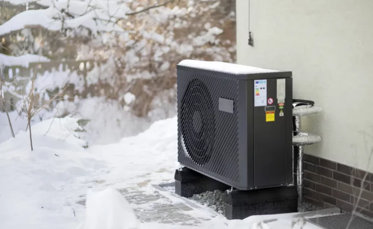 Groupe extérieur d'une PAC air-eau en hiver