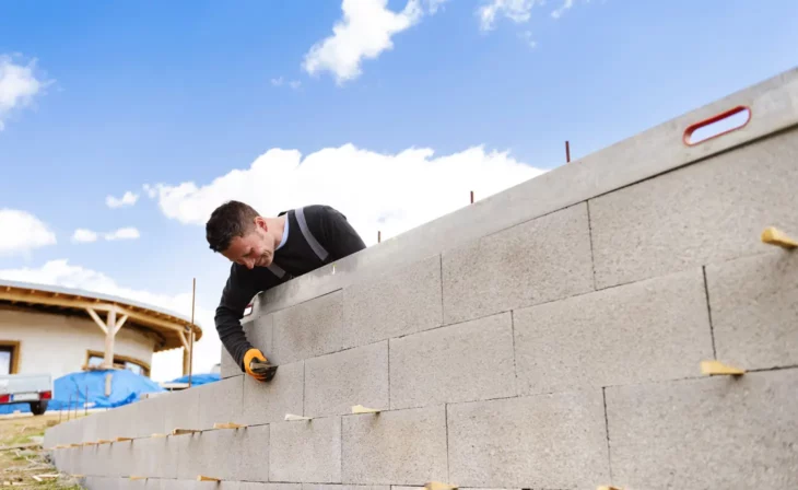 Un maçon monte un mur en parpaing pour faire une clôture