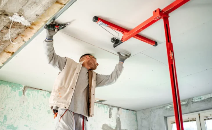Un plaquiste pose un faux plafond en placo suspendu
