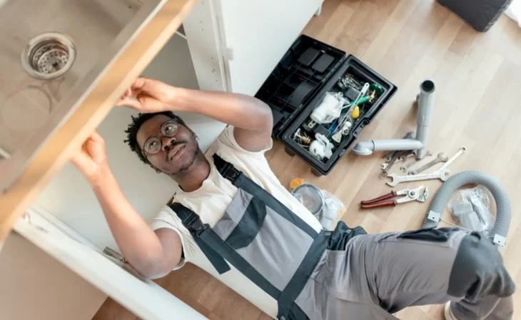 Un plombier remplace l'évacuation d'un évier de cuisine