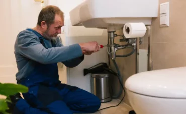Un plombier remplace un siphon chromé