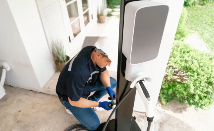 Pose d'une borne de recharge devant une allée