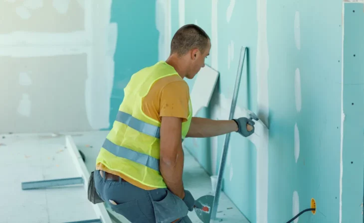 Pose d'un placo en phase finale dans une salle de bain