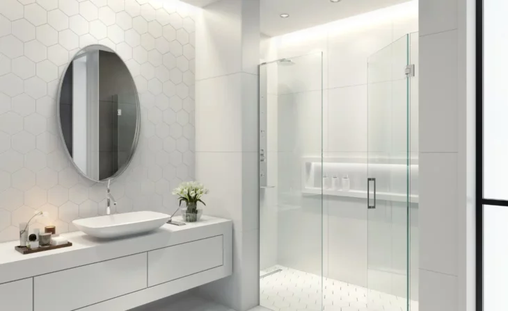Salle de bain aménagée pour respecter la forme de la pièce