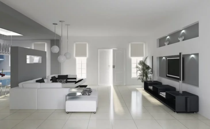 Salon avec carrelage en grès cérame