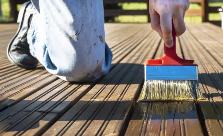 Une terrasse en bois ancienne recevant un entretien à base d'huile de lin